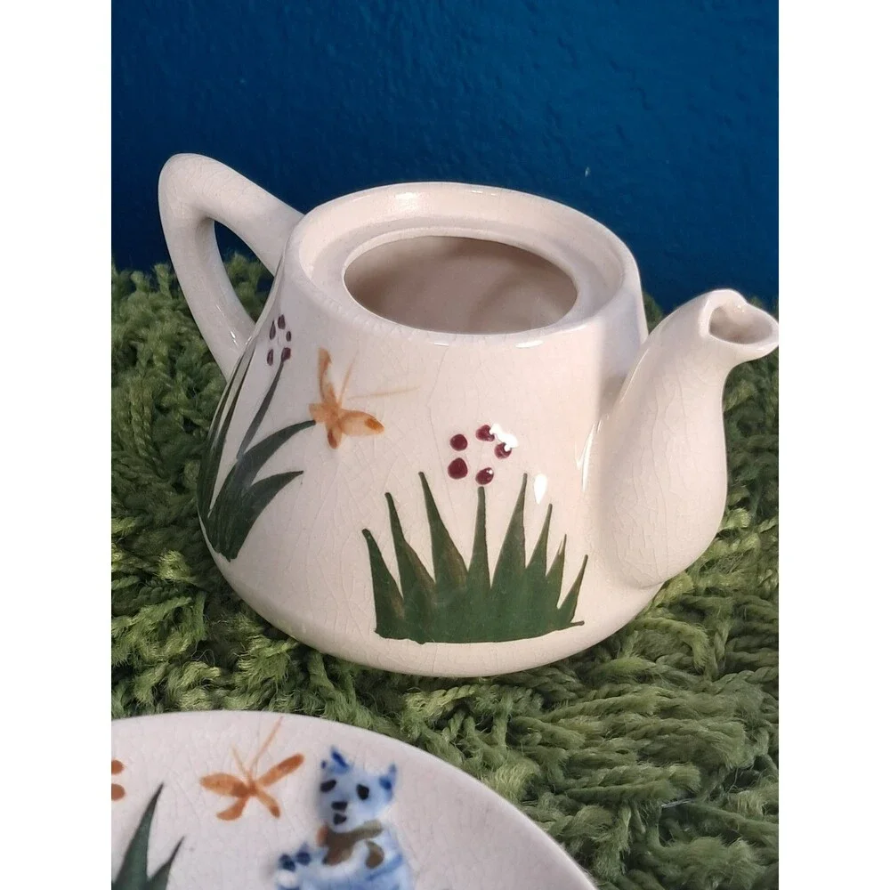 Antique 1920's Cat Tea Set Childs Majolica Tea Pot Saucers Sugar Ceramic